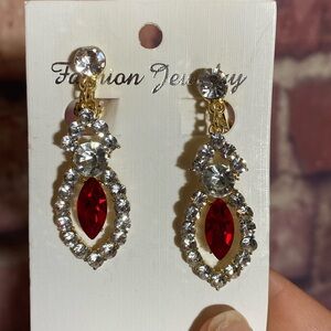 Blingy Red Rhinestone Clip On Earrings - EUC Dangle